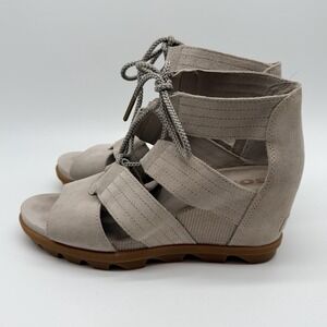Sorel Sandals Women's Sz 10‎ Beige Wedge Heels Joanie II Lace Ankle Walking